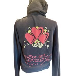 Ed Hardy Gray Zip Up Sweater Size Large Y2K Love Heart Graphic Hoodie Streetwear